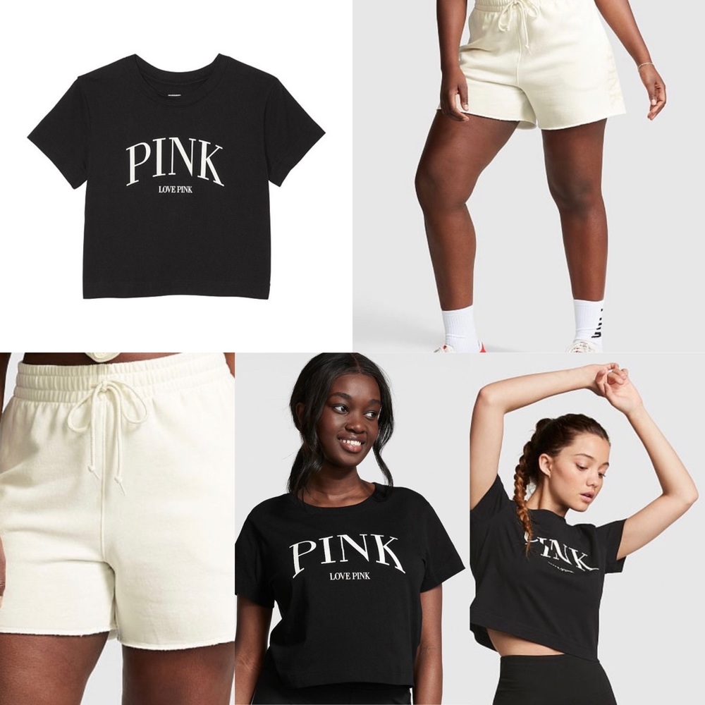 Victoria’s Secret Pink SET Creamer 5” Sweat Shorts & Black Short Sleeve Tee - Picture 3 of 14